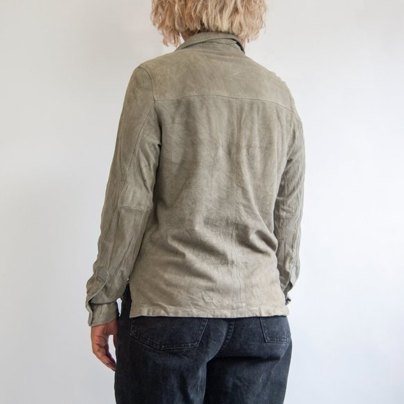 90s/y2k grey leather button down shirt 12 l large / soft leather shirt /long sle - Picture 3 of 5